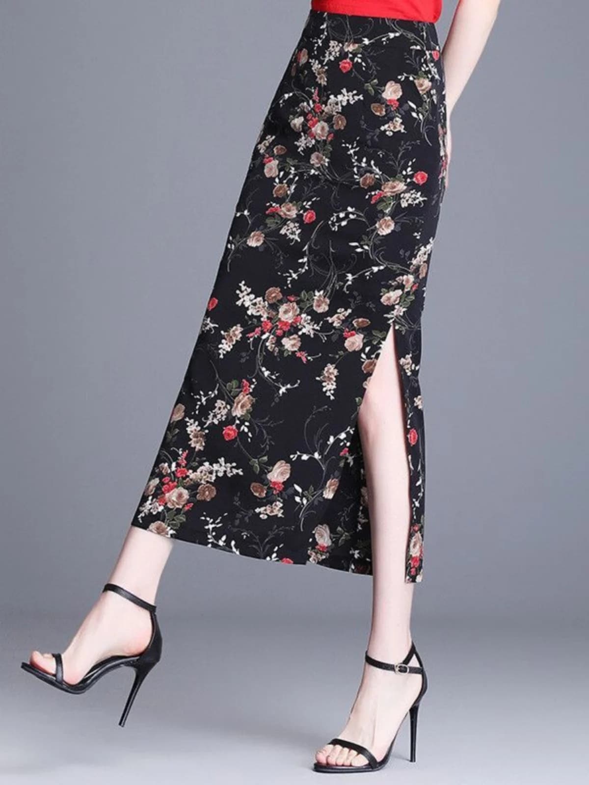 Nuova Gonna Lunga Estiva Elegante in Chiffon a Vita Alta con Stampa Floreale e Spacco, Stile Cinese, per Donna