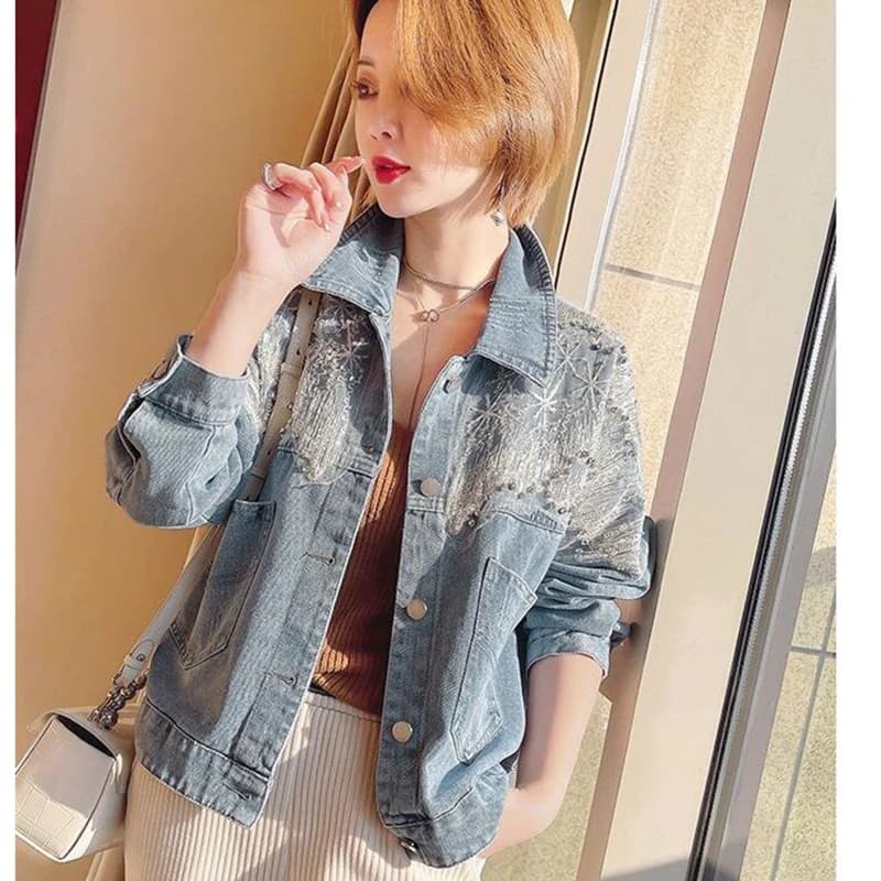 Sequins Pearl Snowflake Embroidered Denim Jacket Women Vintage Washed Light Blue Lapel Button Down Oversized Loose Jean Outerwea