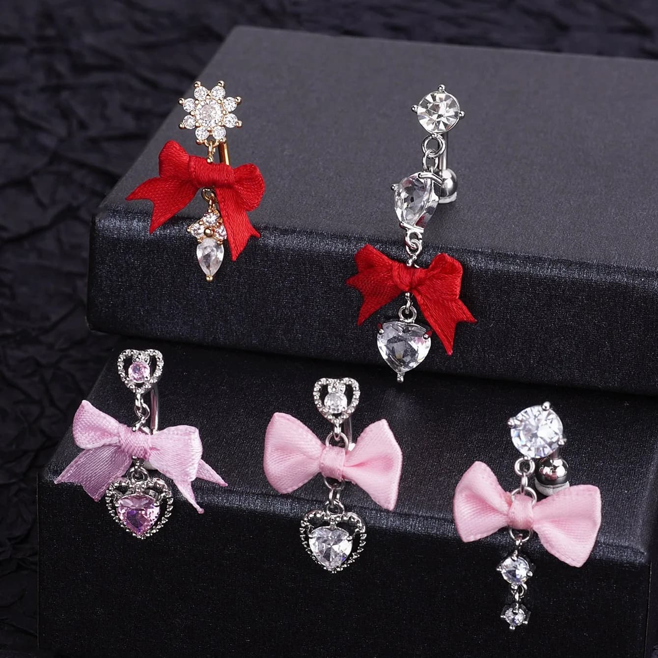 1 Pcs Hypoallergenic Belly Button Ring for Women Cute14G Pink Heart Dangle Bowknot Inverted Navel Ring Piercing Jewelry