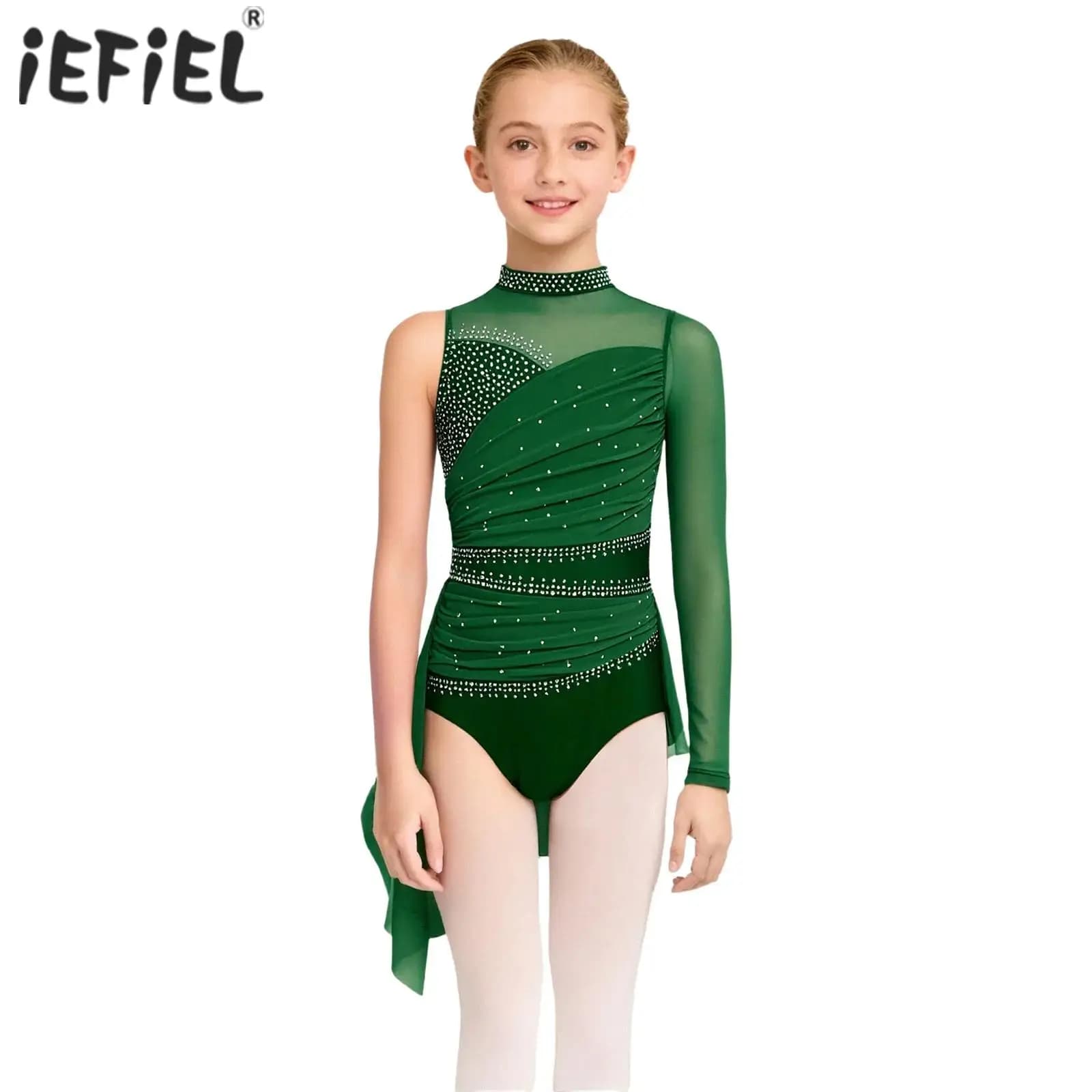 Costume da bambina per bambina con strass scintillanti, ginnastica, pattinaggio di figura, balletto, in jersey, con gonna sovrapposta, costume da spettacolo di danza lirica