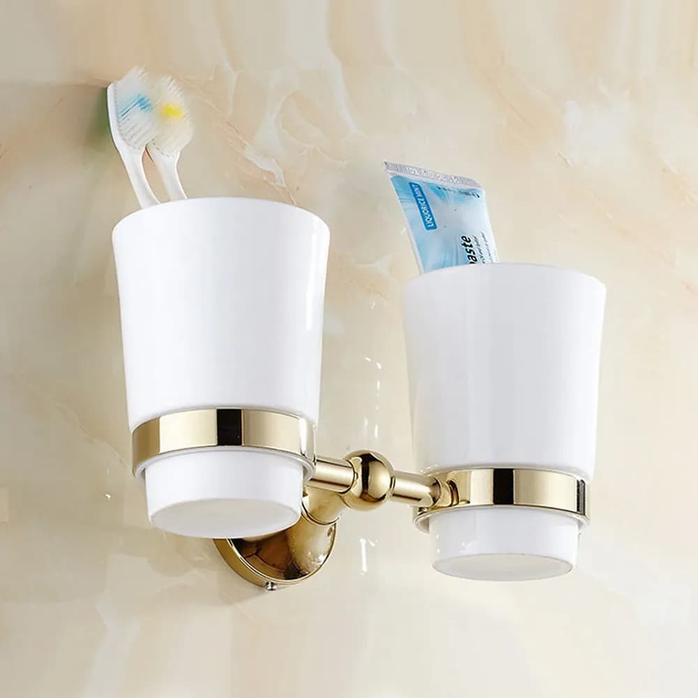 Portaspazzolino in ottone color oro con doppi tazze in ceramica Accessori da bagno montati a parete aba932