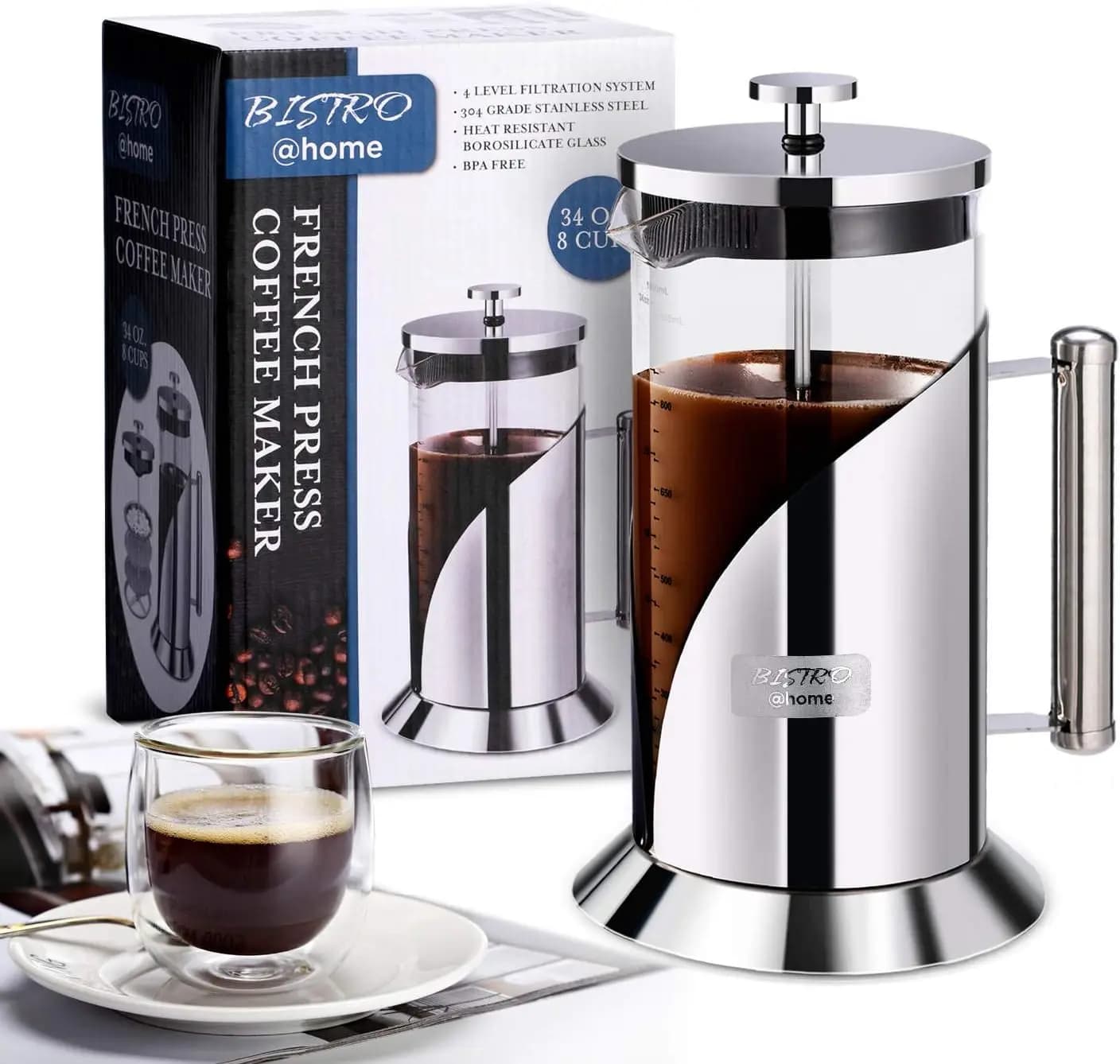 Stainless Steel Coffee Maker with Four Levels of Filtration, Borosilicate Glass Heat Resistant, 34oz Press