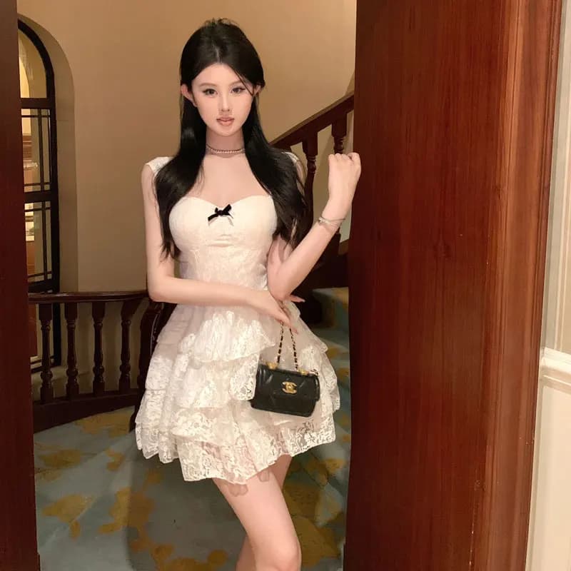 Pure Desire Sweet Spicy Girl Strap Dress Design Knot Lace Beautiful Waist Cinching Cake Princess Skirt Mid-Weight C...