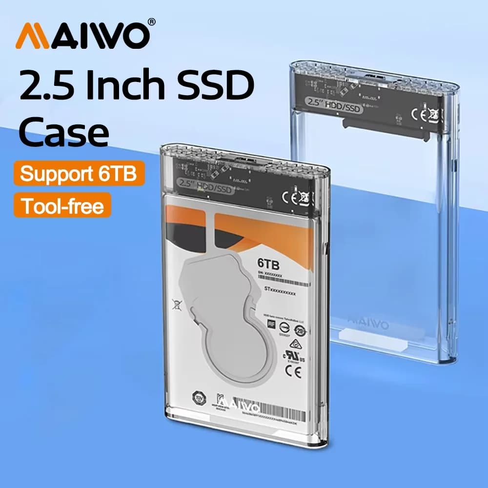 Case MAIWO per HDD 2.5'' - Box esterno per disco rigido SATA a USB 3.0 Type-C, senza attrezzi, trasparente, per SSD/HDD SATA da 2.5 pollici