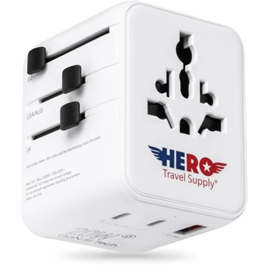 Adattatore Universale da Viaggio Hero International per Europa, Regno Unito, Stati Uniti, Asia, Australia, Oltre 100 Paesi, 2 USB-C e 1 USB-A