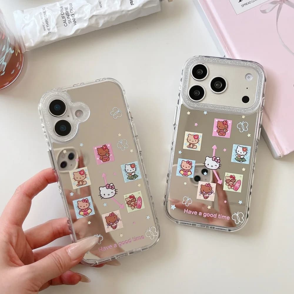 Cute Grid Cartoon Sanrio Hello Kitty Makeup Mirror Phone Case For iPhone 15 16 17 Pro Max Kawaii Girl Protector Anti-drop Cover
