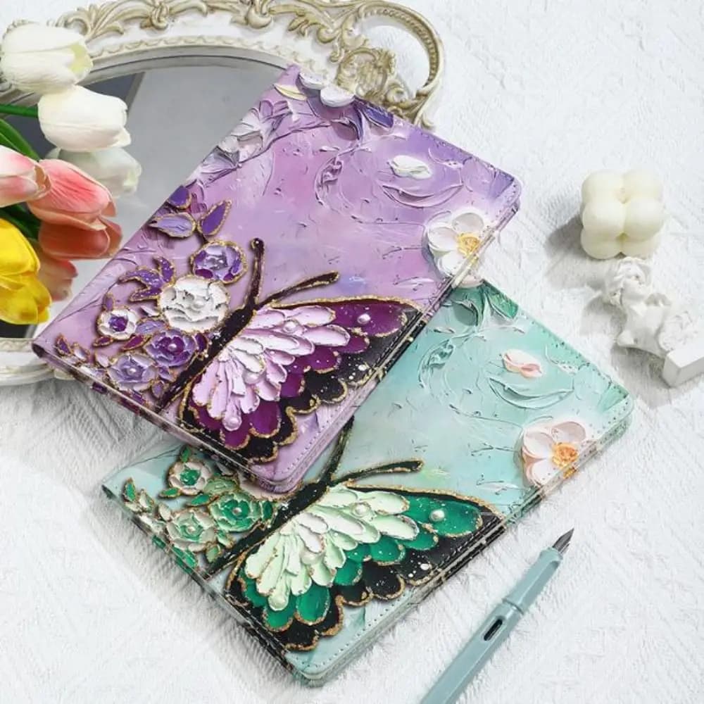 New PU Butterfly Notebook A5 Lined Pages Soft Cover Notebook Butterfly Oil Painting Stationery Notepad Student Gifts