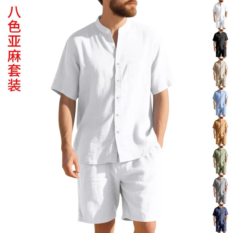 Summer Men's Linen Loose-Fit Suit Beach Short-Sleeved Shirt And Shorts Set Casual Breathable Clothing for Men
