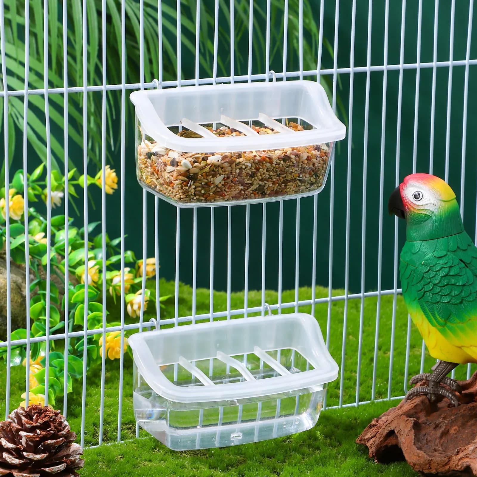 2 Ciotole per Cibo per Uccelli, Contenitori in Plastica per Alimentazione Pappagalli, Piatti Sospesi per Gabbie