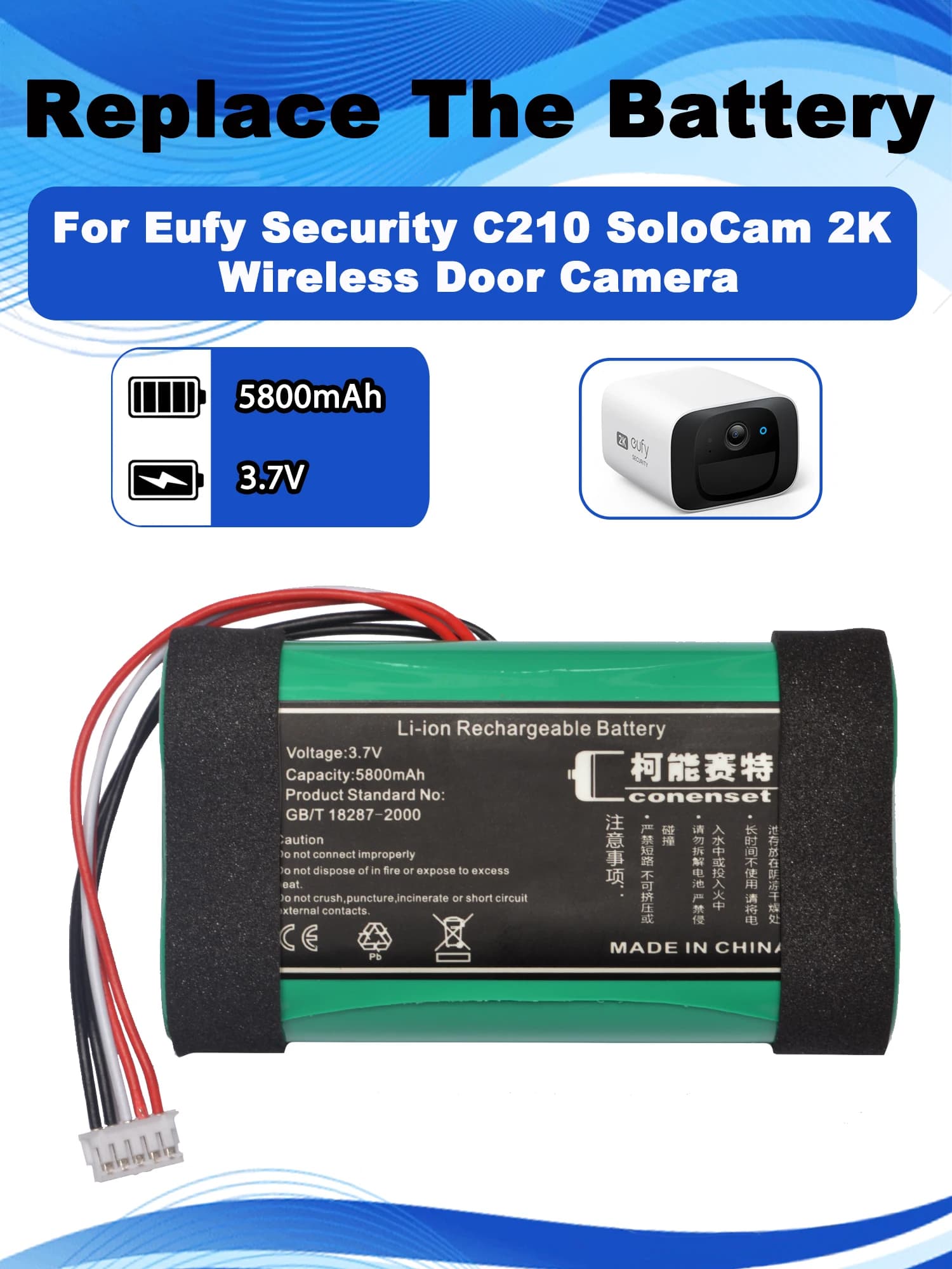 Batteria di Ricambio 3.7V 5800mAh per Videocitofono Eufy Security C210 S220 SoloCam, Sostituisce le Parti Eufy 34M 2P