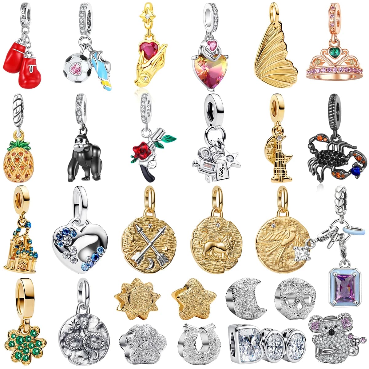 925 Sterling Silver Boxing Gloves Soccer Sneaker Pineapple Dangle Crown Revolver Zodiac Disc Coin Charm Pendent Bead DIY Jewelry