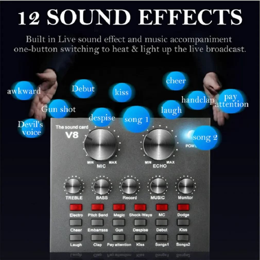 Scheda Audio Esterna Universale V8, Mixer Audio USB per Live Streaming, Microfono per Cuffie, Computer e Dispositivi Mobili, Dropshipping