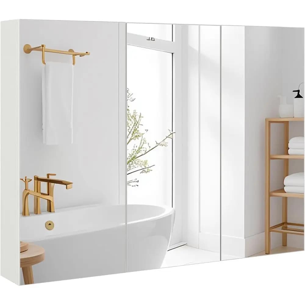 Grande Armadietto a Specchio per Bagno, Armadietto Medicinali da Parete con 3 Specchi e Accessori di Montaggio, Porta a Specchio Tripla per Bagno