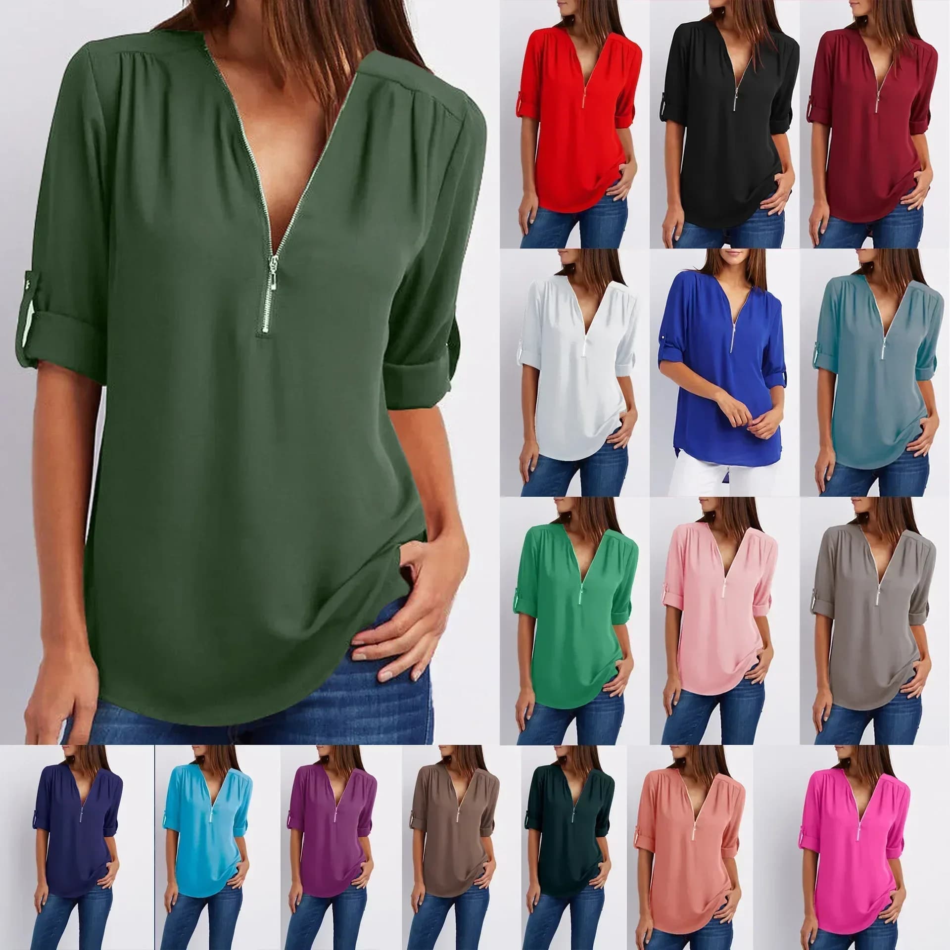 Camicia allentata fresca da donna estiva Camicetta in chiffon con scollo a V profondo Top da donna casual Pullover con cerniera sexy Taglie forti Moda a maniche lunghe