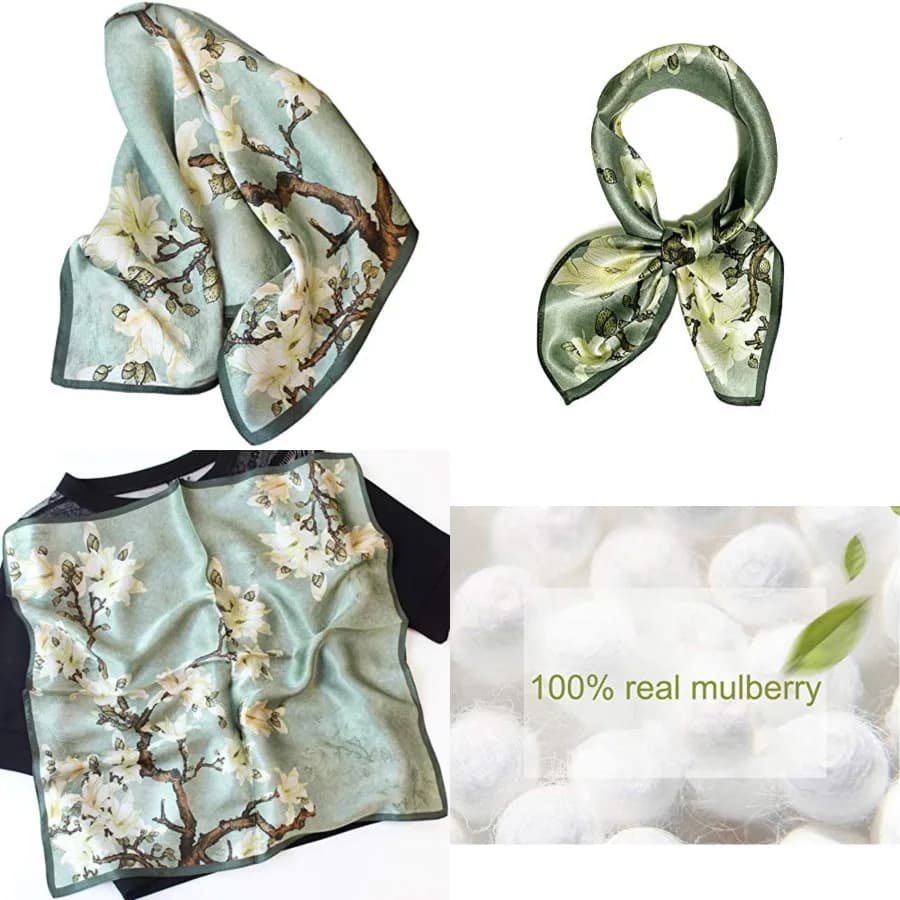Women's Men's Small Square 100% Real Mulberry Silk satin Scarfs Hair head face scarf 21" x 21", Green Flower