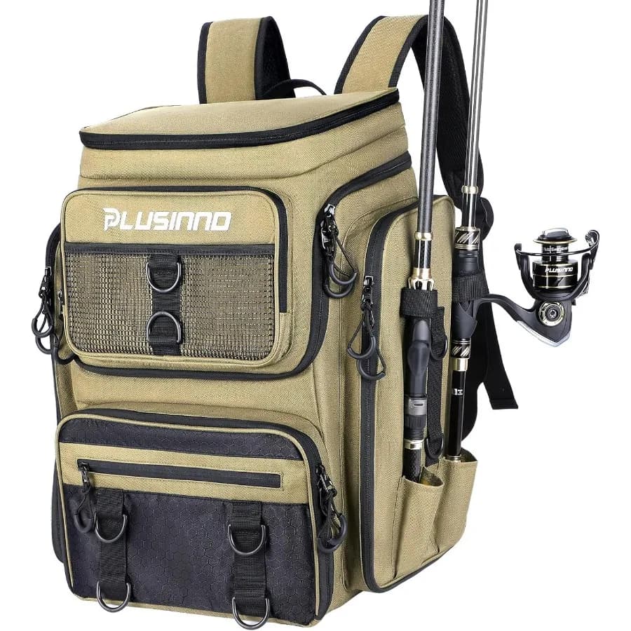 42 liters water resistant large fishing backpack with integrated rod holders and equipment box for storing and organizing efficient
