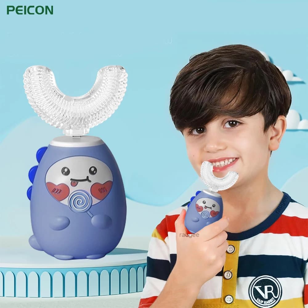 Spazzolino elettrico a forma di U per bambini Denti puliti automatici a 360 gradi Spazzolino sonico in silicone per bambini ricaricabile tramite USB
