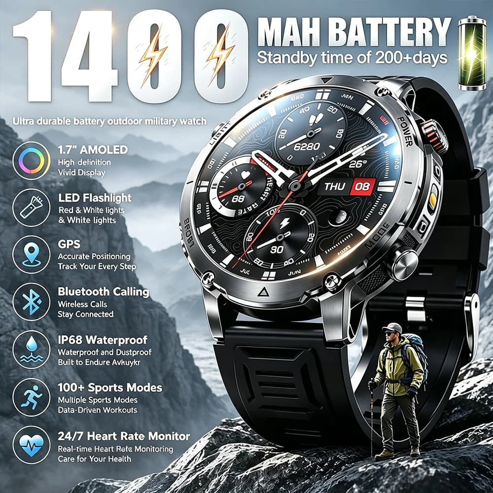 New Outdoor Military 1400mAh Battery Smart Watch Men Sports GPS Track SOS Flashlight IP68 Waterproof Bluetooth Call Smartwatches