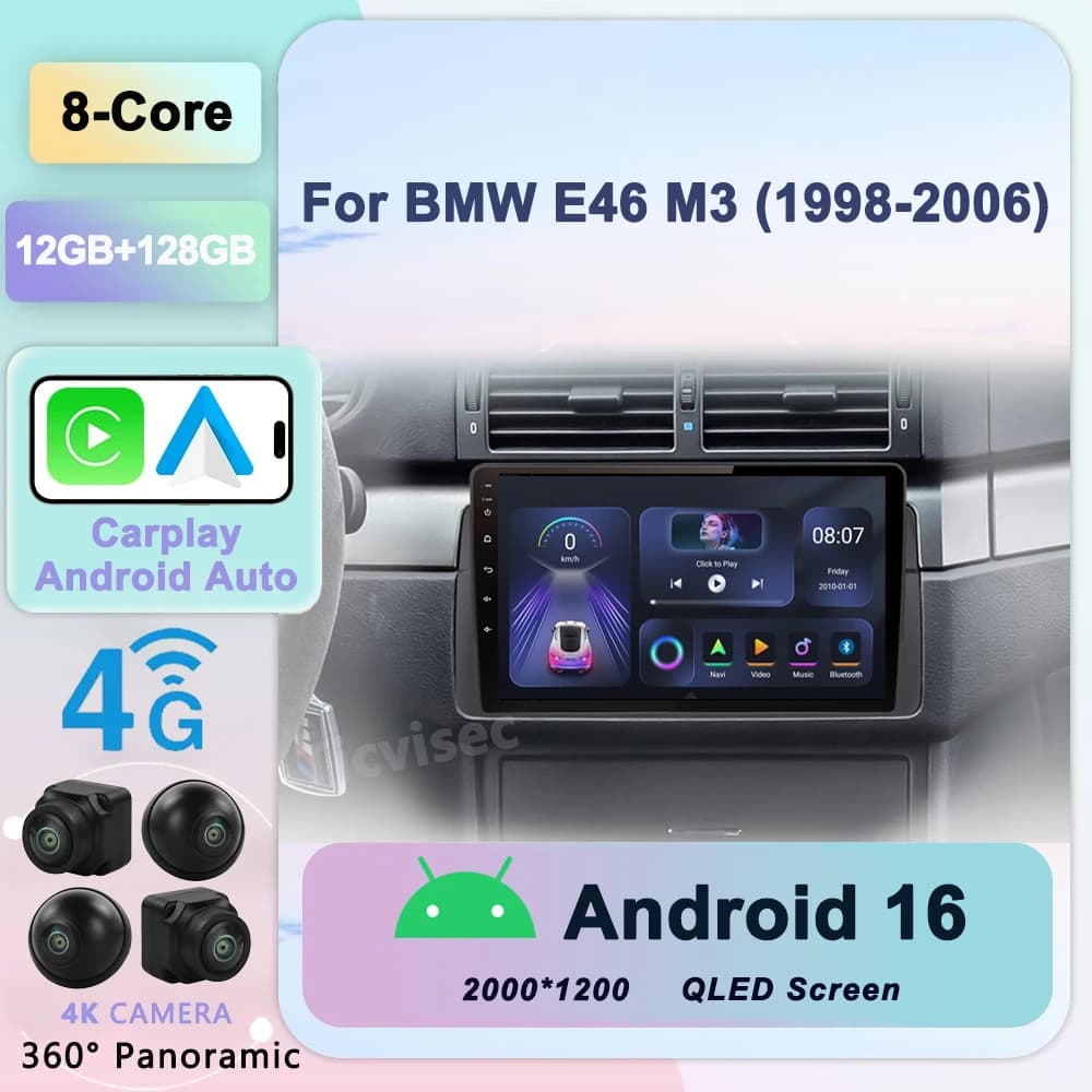 Android 16 Car Radio CarPlay Android Auto Radio For BMW E46 M3 318/320/325/330/335 4G Car Multimedia GPS 2din autoradio