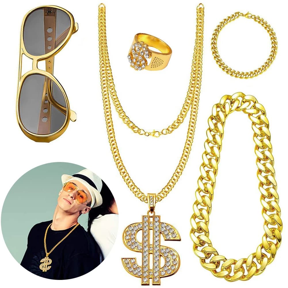 Kit costume hip-hop anni '80 e '90 per uomo Rapper vintage Cosplay Grande catena in metallo dorato Occhiali Bracciale Set di accessori per costumi hip-hop