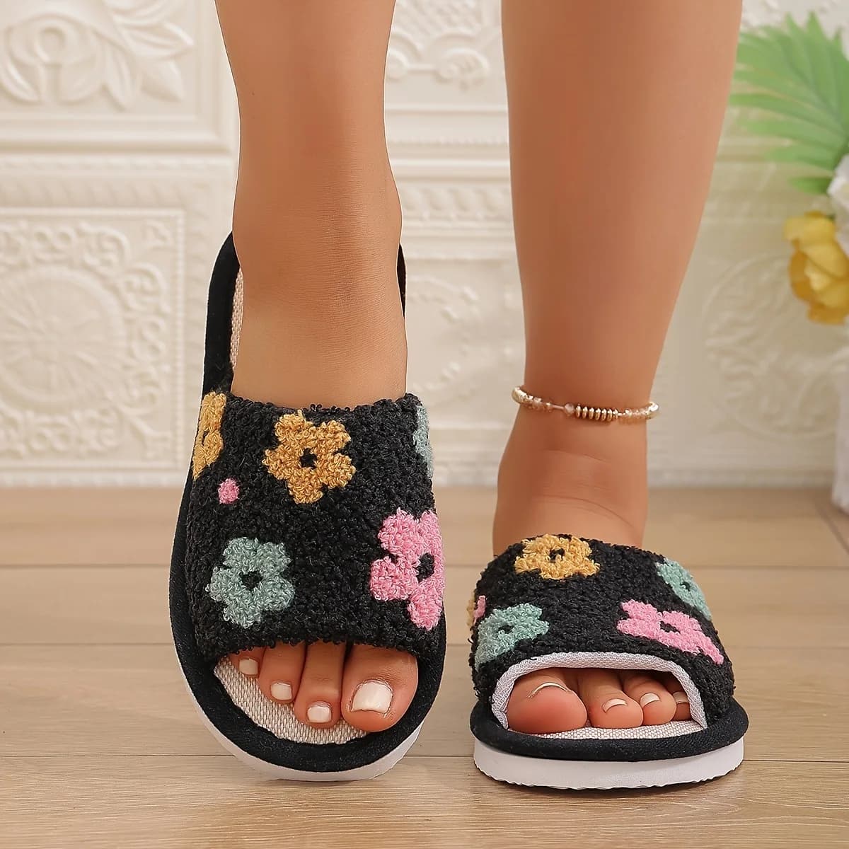 Ciabatte da donna con stampa floreale e punta aperta, scarpe da interno antiscivolo con suola morbida per tutte le stagioni