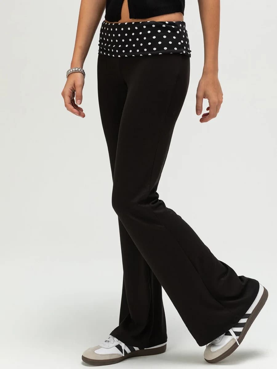 Womens Polka Dot Fold Over Waistband Flared Pants Elastic Low Waist Wide Leg Leggings Bell Bottoms Sweatpants