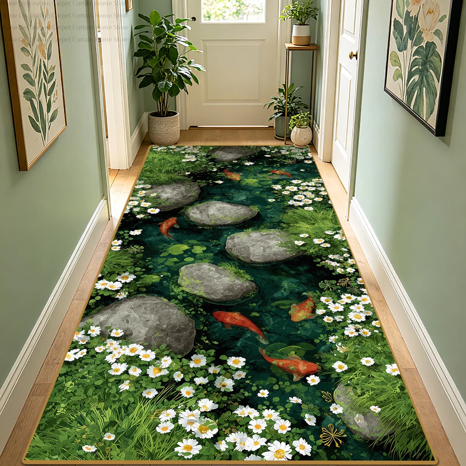 3D Moss Stone Koi Fish Floral Runner Carpet Non-slip Washable Hallway Long Rugs Lint-free Easy Clean Kitchen Entrance Door Mat