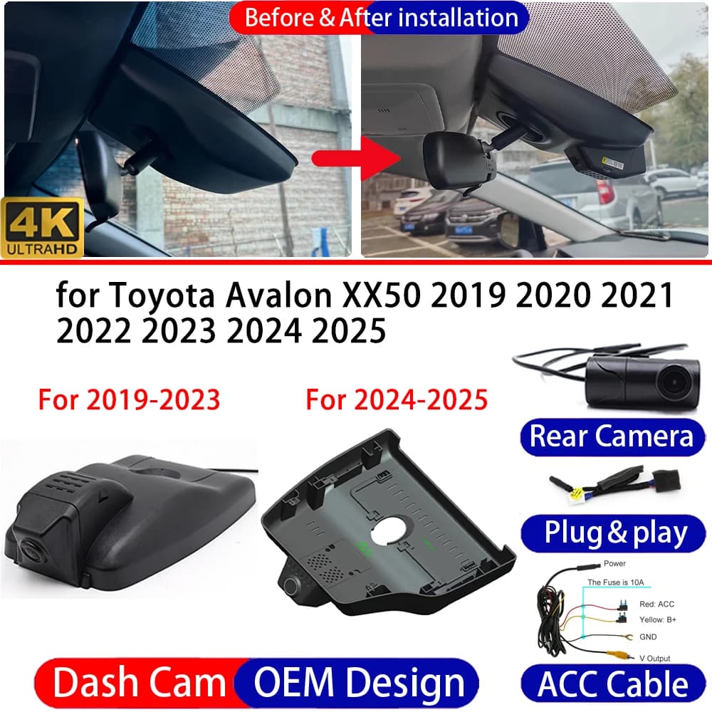 Dash Cam for Toyota Avalon XX50 2019-2025 Front＆Rear 4K DVR Dashboard Camera Video Drive Recorder Night Vision Parking Mode
