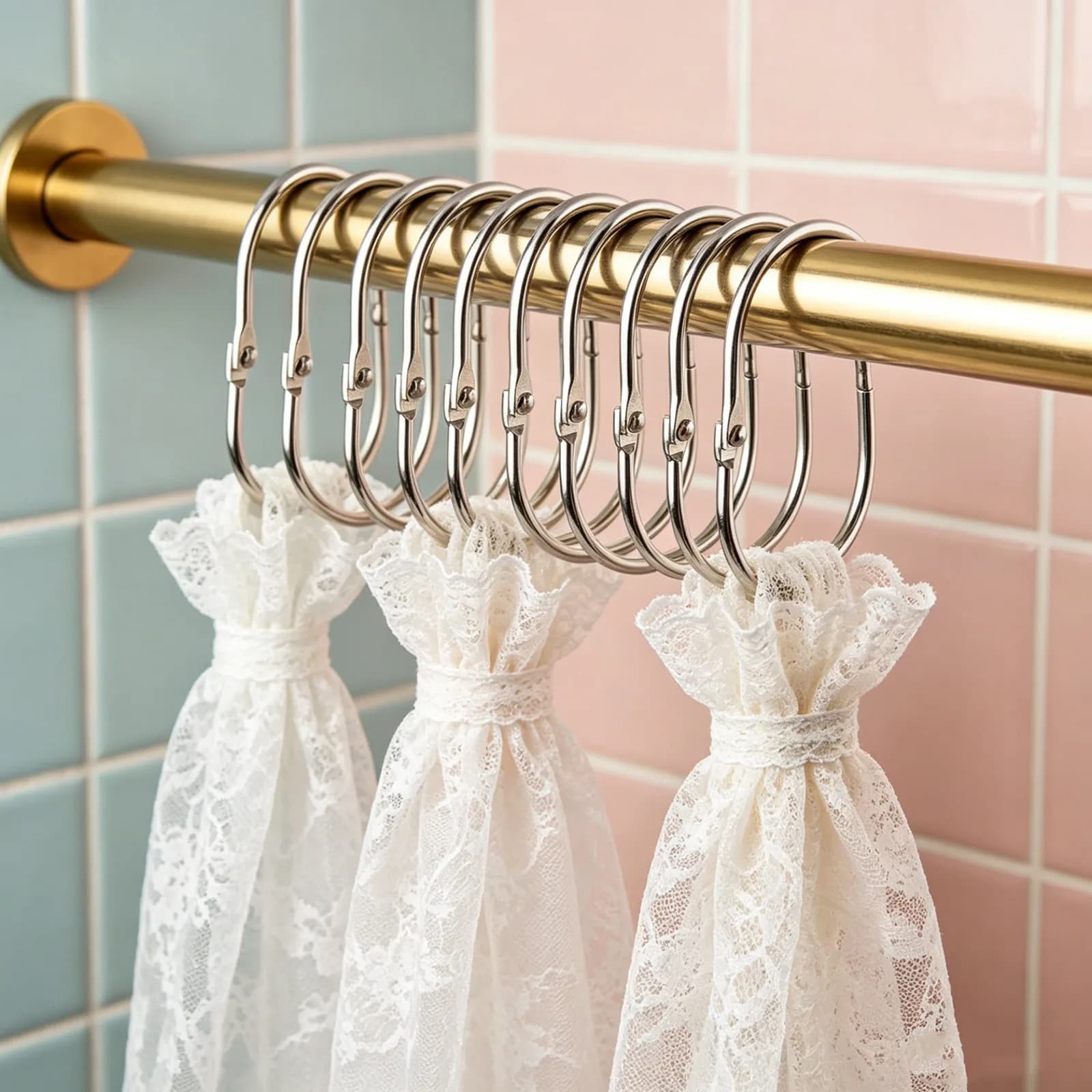 24Pcs Metal Drapery Curtain Rings Oval Style - Secure Fit Smooth Glide Shower Rod Hooks Decorative Bathroom Curtain Accessories