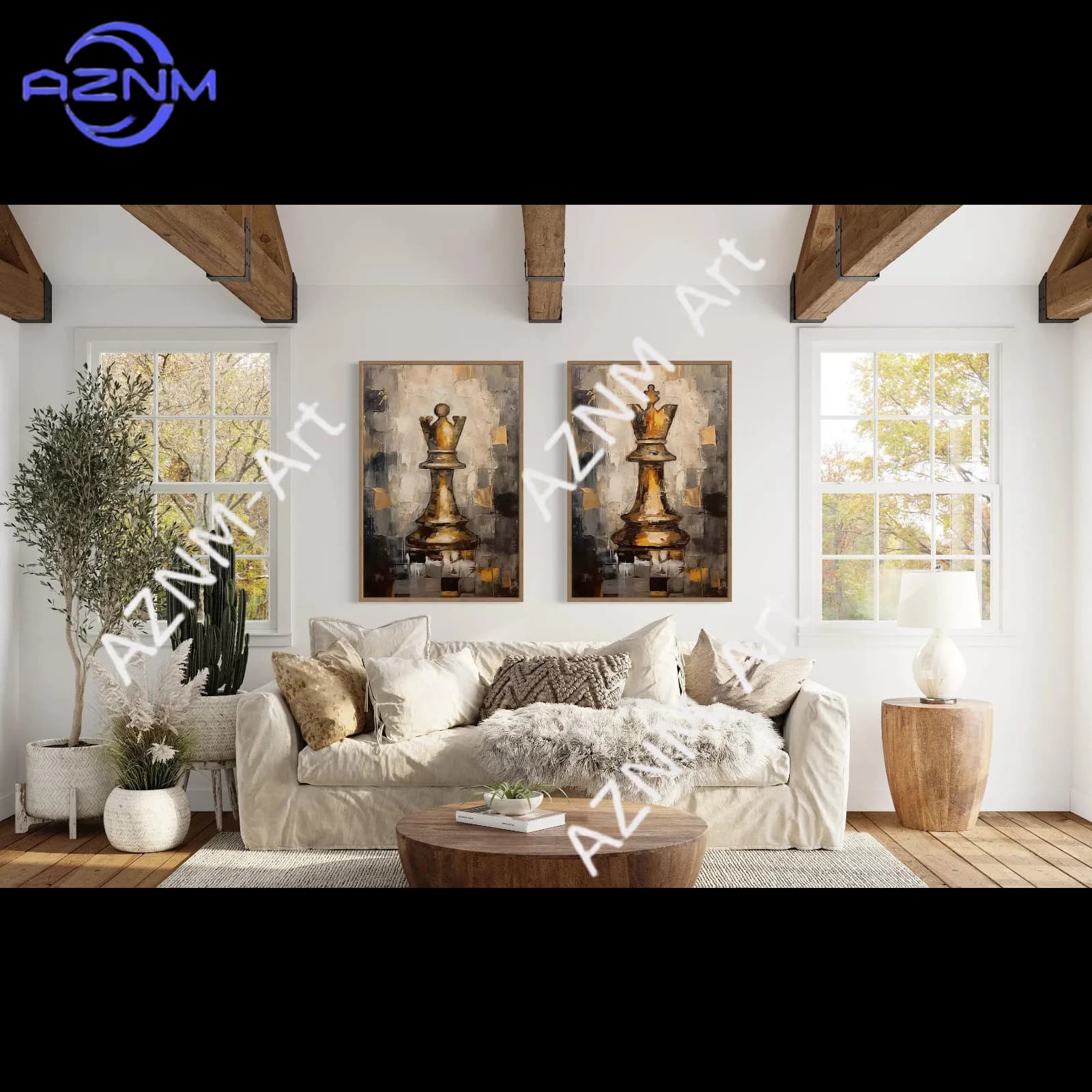 Set da 1/2 pezzi di 2 quadri da parete con re e regina degli scacchi - Stampa su tela con pittura oro beige - Decorazione da parete romantica per camera da letto di coppie