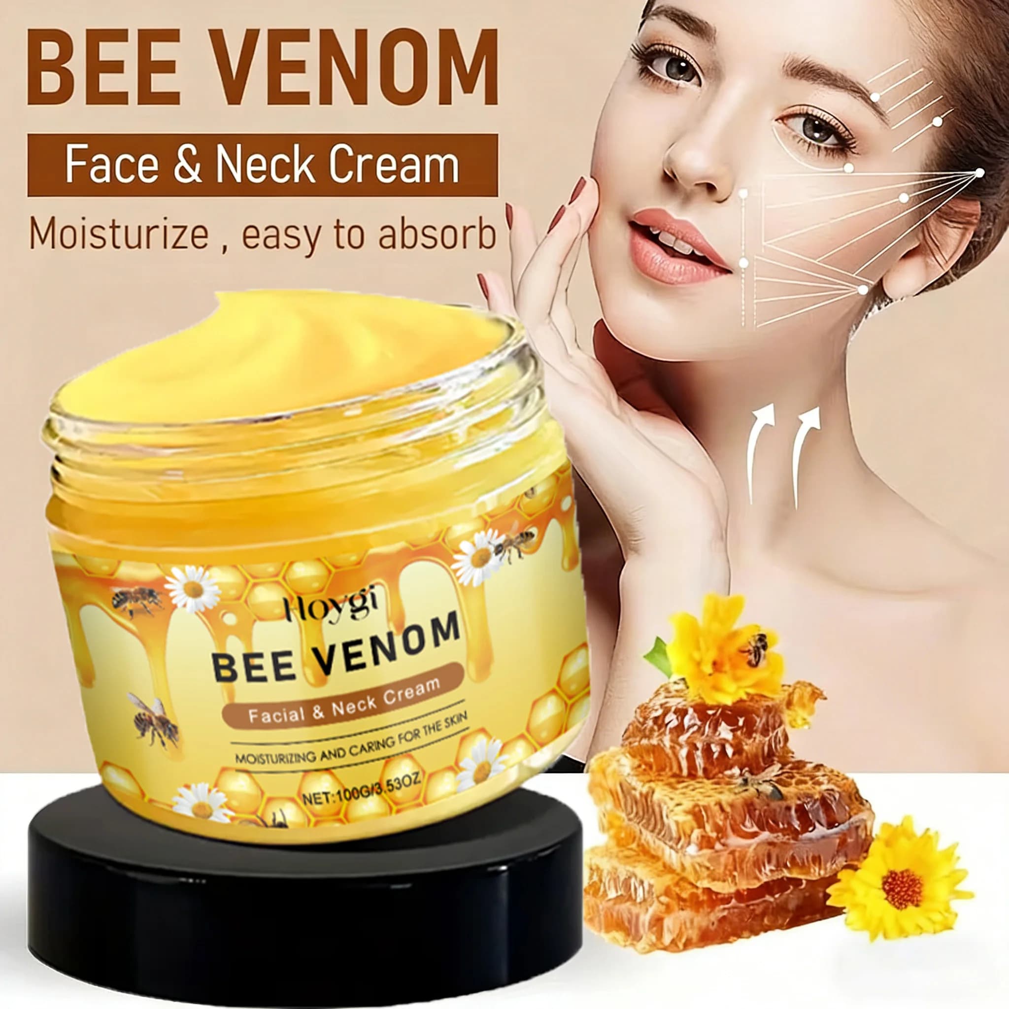 Crema Viso e Collo al Veleno d'Api Idratante, Rassodante, Antirughe, Nutriente, per la Cura Quotidiana della Pelle, ad Assorbimento Rapido