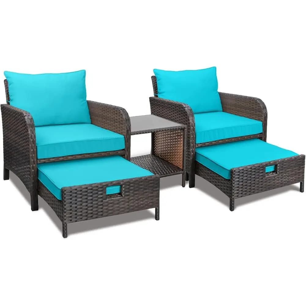 5-Piece Outdoor Patio Furniture Set with PE Wicker Rattan Chairs, Cushions, Ottomans, and Glass Table - Brown Wicker