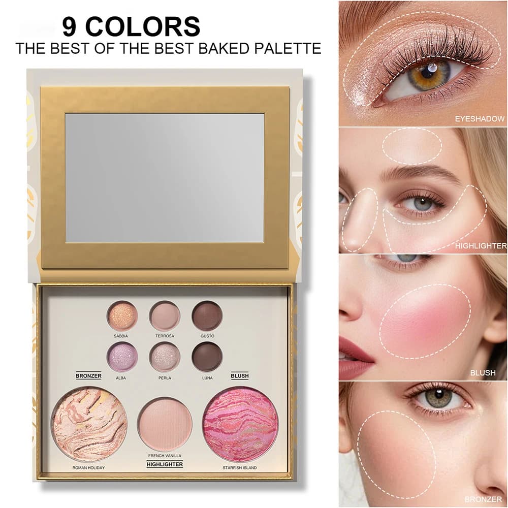 All-in-one makeup palette with eye shadow, contour, fard, highlighter and illuminant for eyelids in one; Versatile makeup