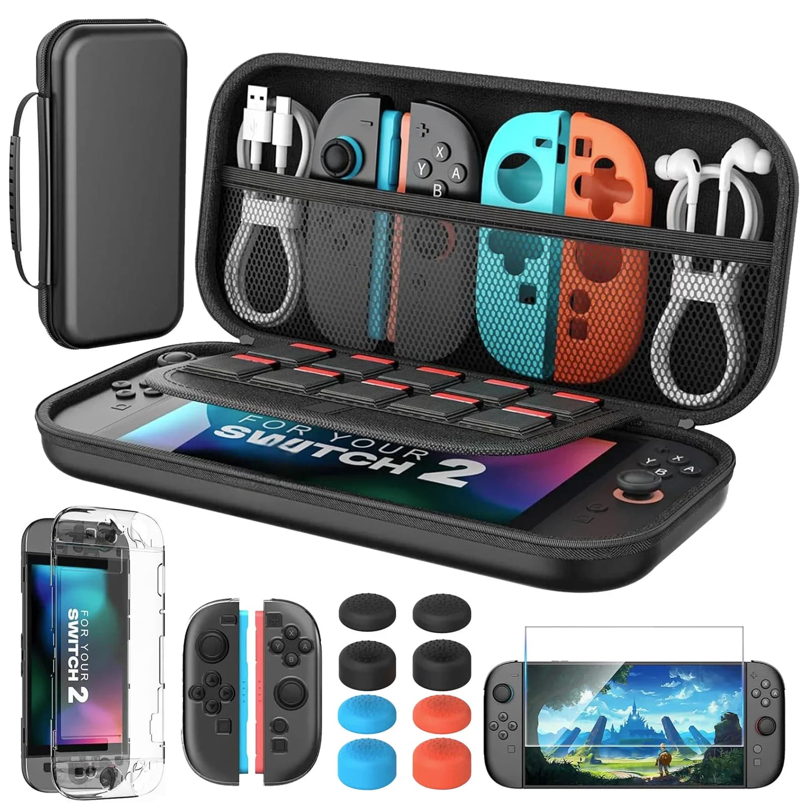 Kit di accessori per Nintendo Switch 2 (2025) Custodia da trasporto, protezione schermo, impugnature per pollice, copertura protettiva per pacchetto Switch2