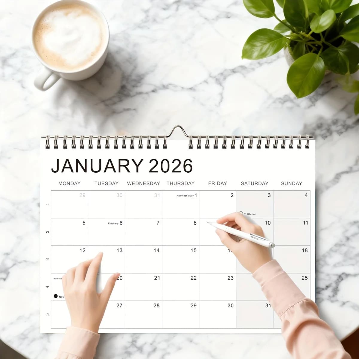 Calendario settimanale da 1 pezzo 2026-2027 - 52-Visione settimanale con schede mensili, marchi Full Moon e New Moon, layout da lunedì a domenica