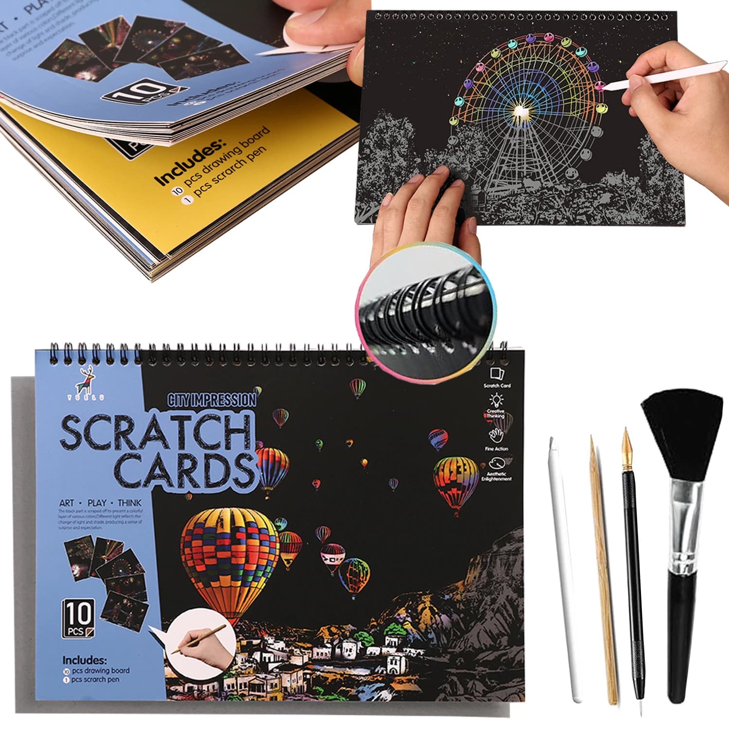 10Pcs/set of blue city scraping painting books, hand-made scraping artworks, sketch city series, including 4 tool sets,
