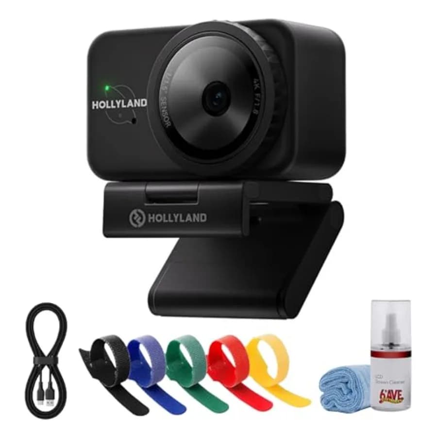 Webcam UHD per streaming live, corpo in lega di alluminio, nera, con tracciamento AI e inquadratura automatica