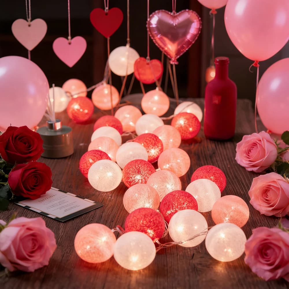 Luci Fatate a Palline di Cotone per San Valentino, LED per Camera da Letto, Esterni, Feste, Decorazione per Letto Bambini, Matrimoni e Compleanni