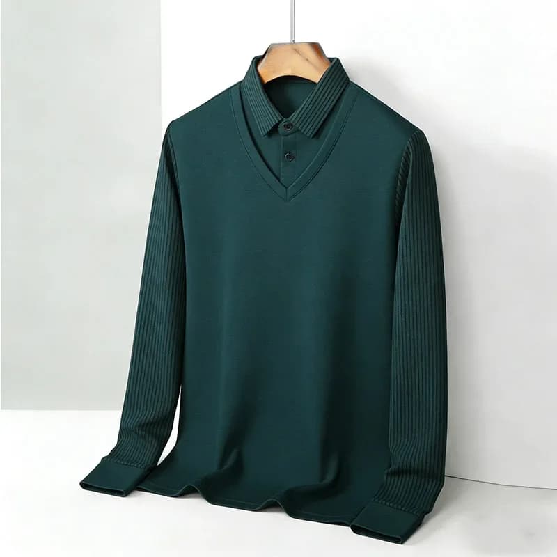 Fake men's shirt in two pieces with V collar and long sleeves, blouse to wear every day in soft fabric, casual kaki striped fashion