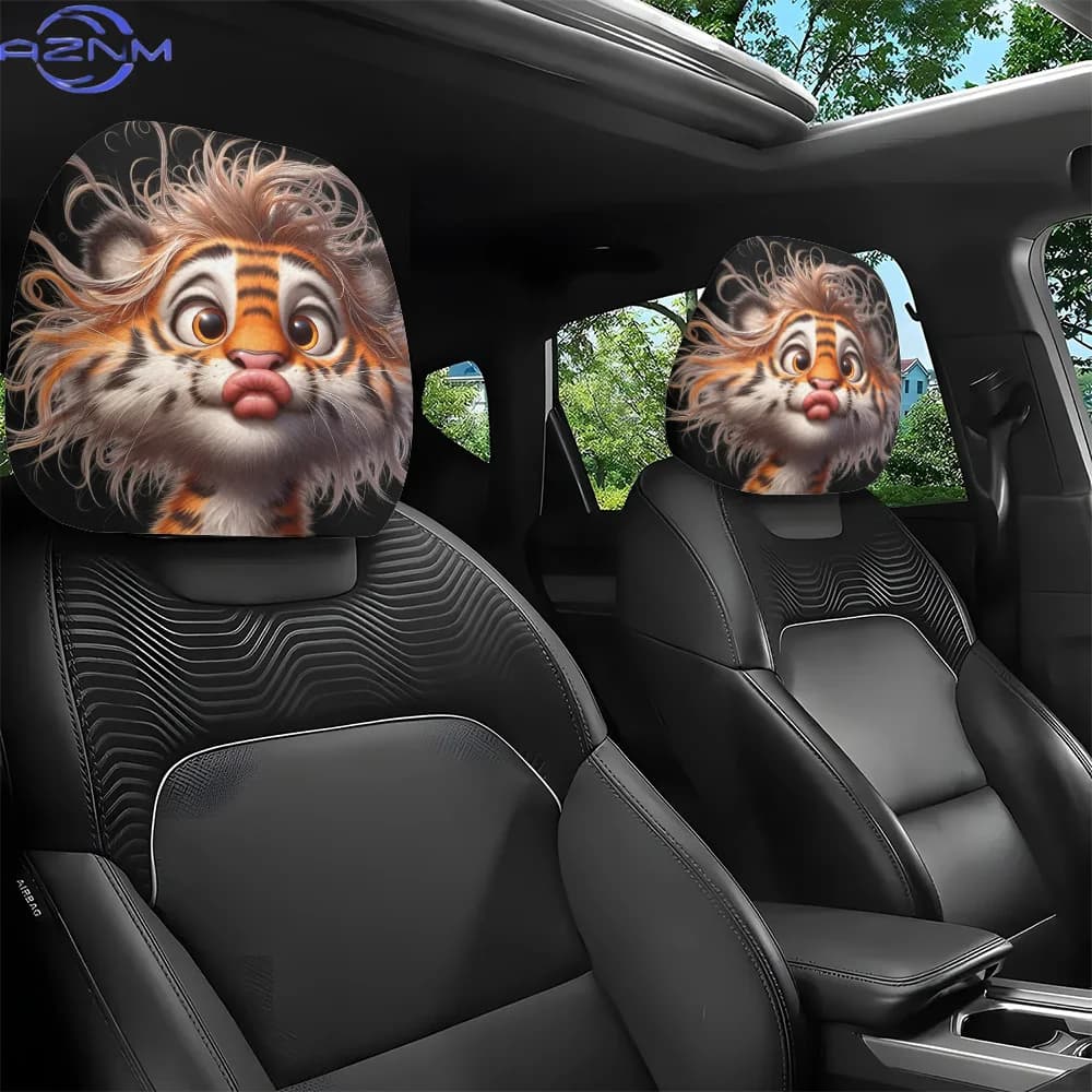 2 copri poggiatesta per auto con stampa tigre in stile cartone animato, facili da installare e lavare, adatti per il pendolarismo quotidiano e i viaggi su strada.