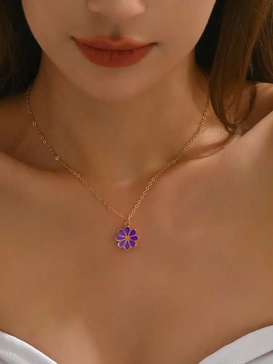 Elegant Purple Flower Pendant Necklace For Women