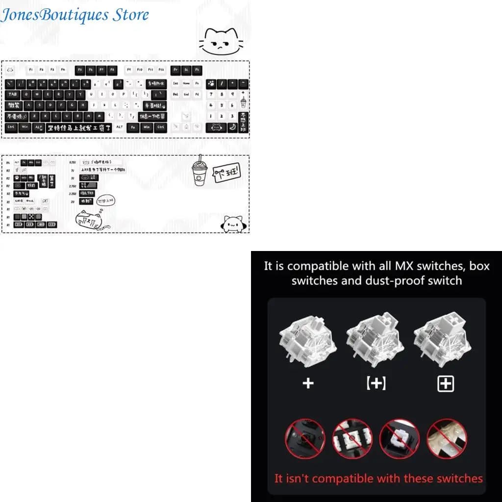 Set completo 135 copritasti PBT con tema Gatti da lavoro bianco nero Altezza MOA per personalizzazione Tastiere meccaniche