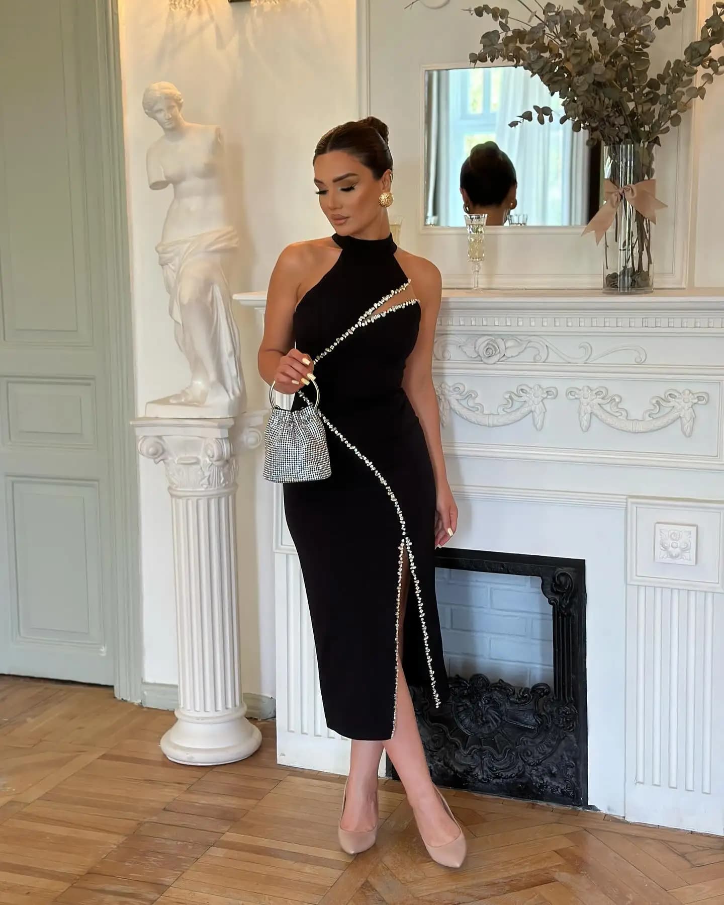 HQBORY 2025 Abito Fasciante Nero da Donna Sexy con Diamanti, Senza Maniche, Vestito Aderente da Festa XL Estivo