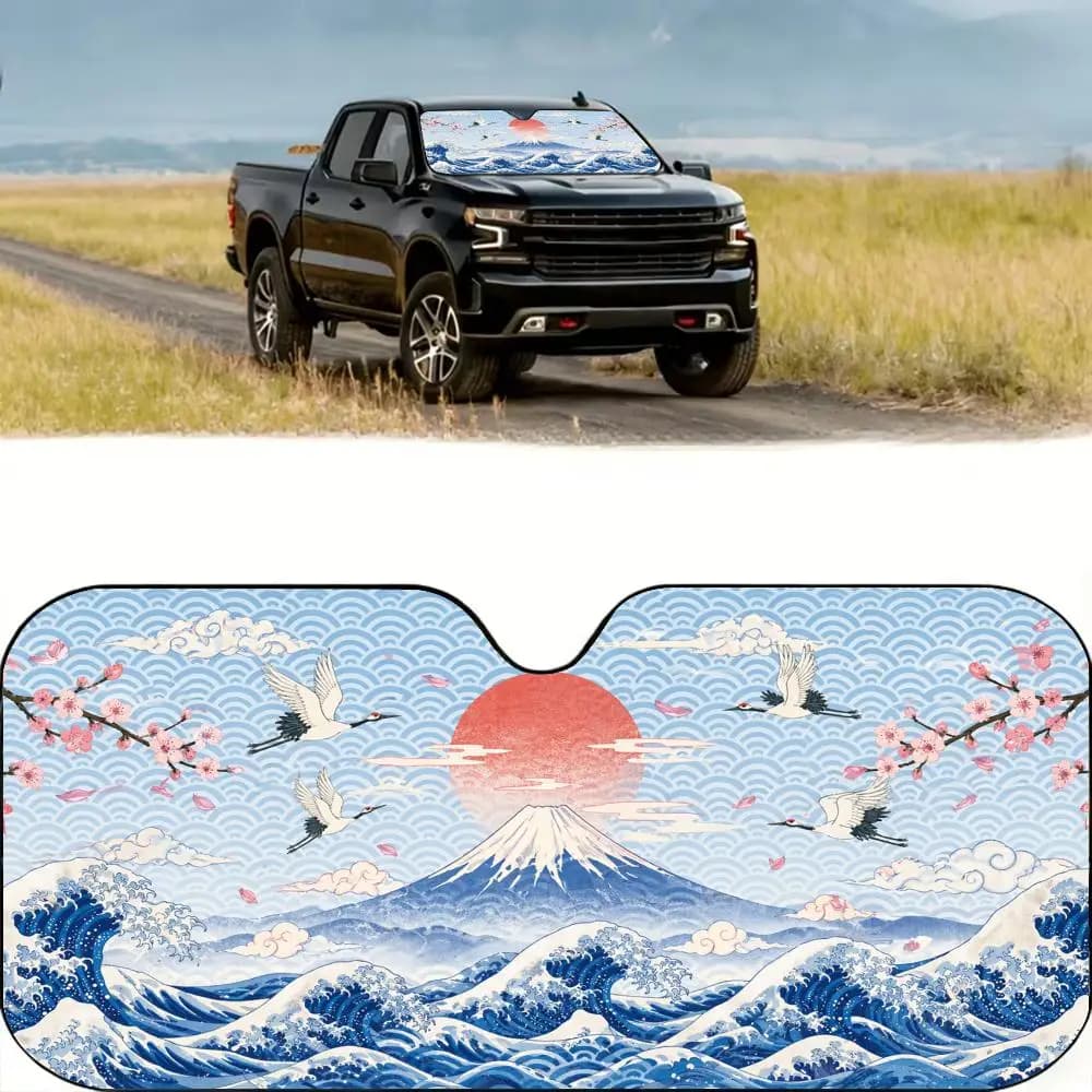Parasole per parabrezza auto in stile giapponese con onde e ciglieghe, in lamina di alluminio, isolante dal calore e dai raggi UV, pieghevole