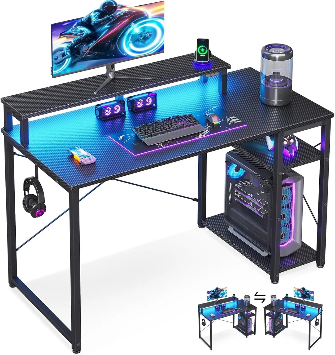 Scrivania da gioco da 40 pollici con spazio di archiviazione, luci a LED, ripiano e supporto per monitor - Nero fibra di carbonio