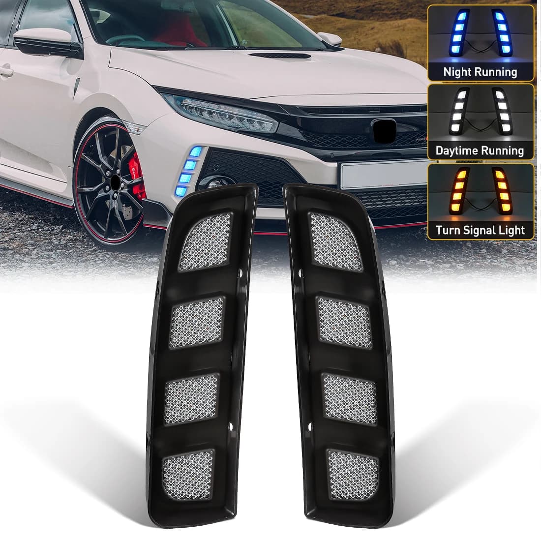 DRL For Honda Civic Type R 2018 2019 2020 2021 10th Generation LED Daytime Running Light Dynamic Turn Signal Lamps 3 Colors 12V