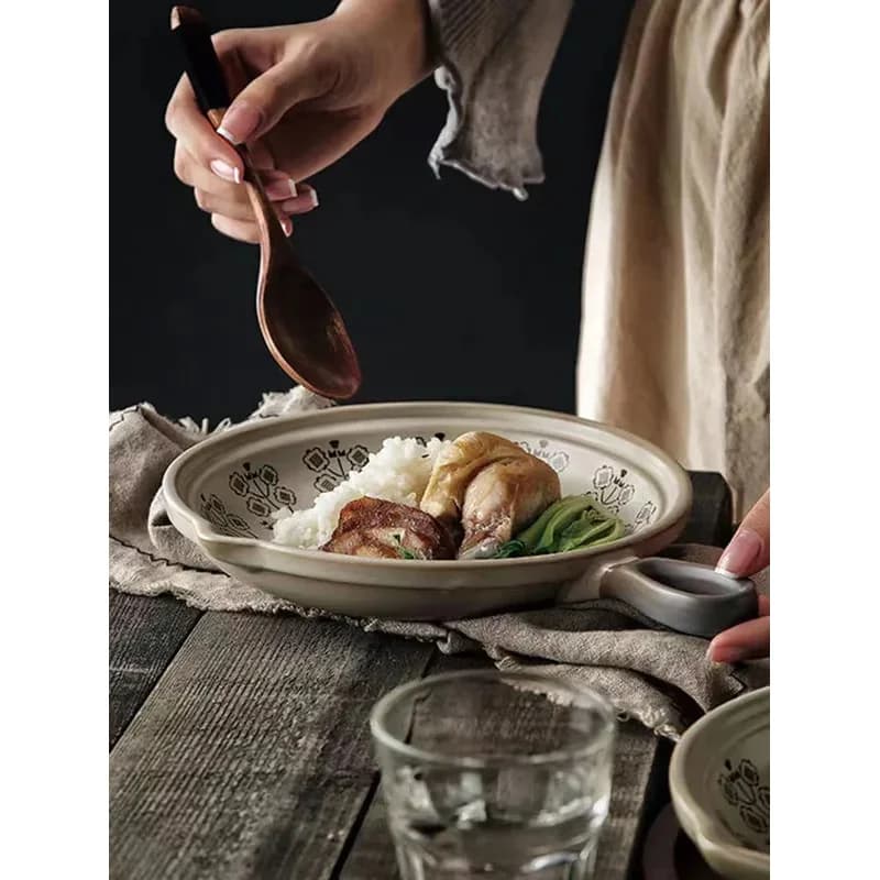 Pentola in Ceramica con Fondo Piatto, Padella, Wok, Piatto per Frutta con Manico, Piatto da Cena, Stoviglie per Feste, Buffet, Ristoranti