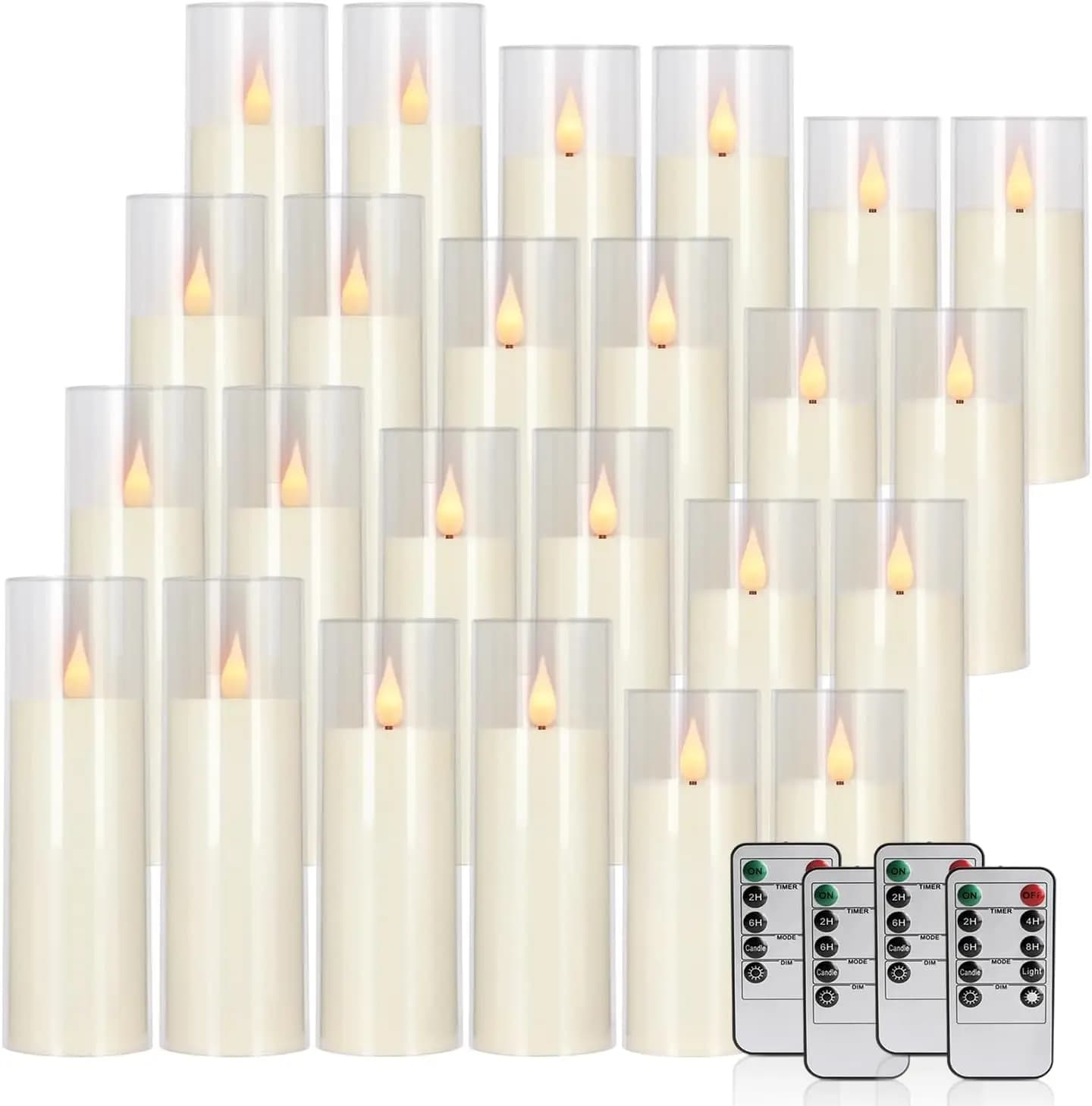Set of 24 Acrylic LED Candles with Remote Control, Timer and Dimmer - Without Flame, Battery for Home Decorations, Weddings, Celebrations