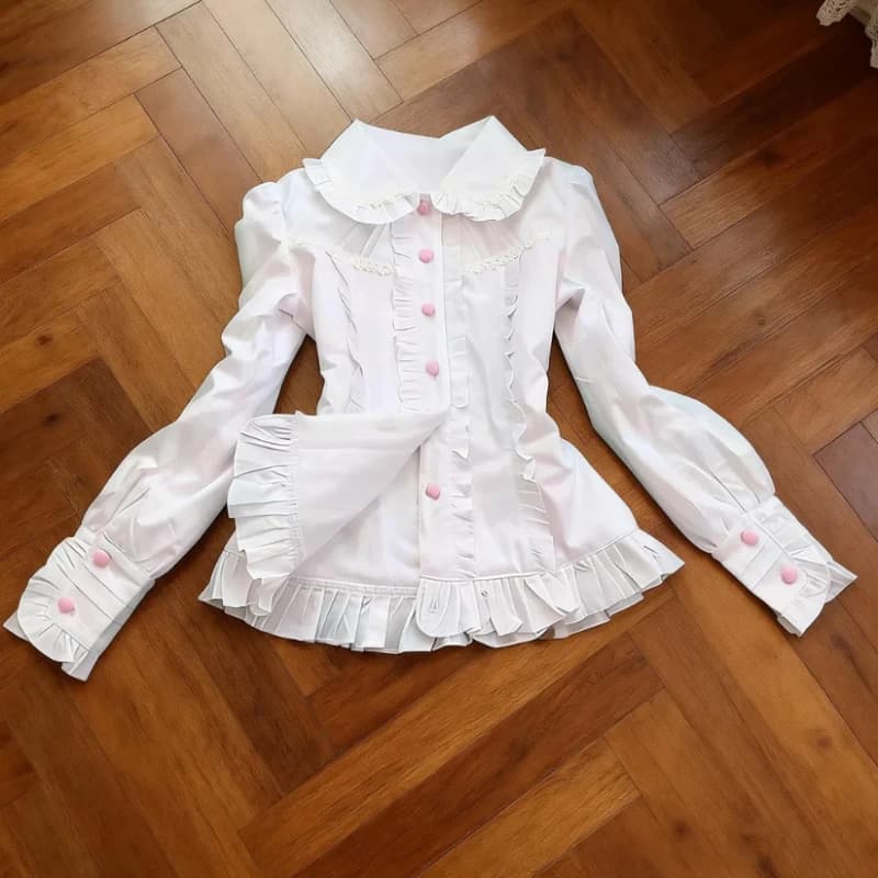 T-shirt con colletto per bambola a maniche lunghe dolce primaverile T-shirt da donna Design Kawaii Slim Solid Lolita Camicia moda femminile Abiti piuttosto sottili