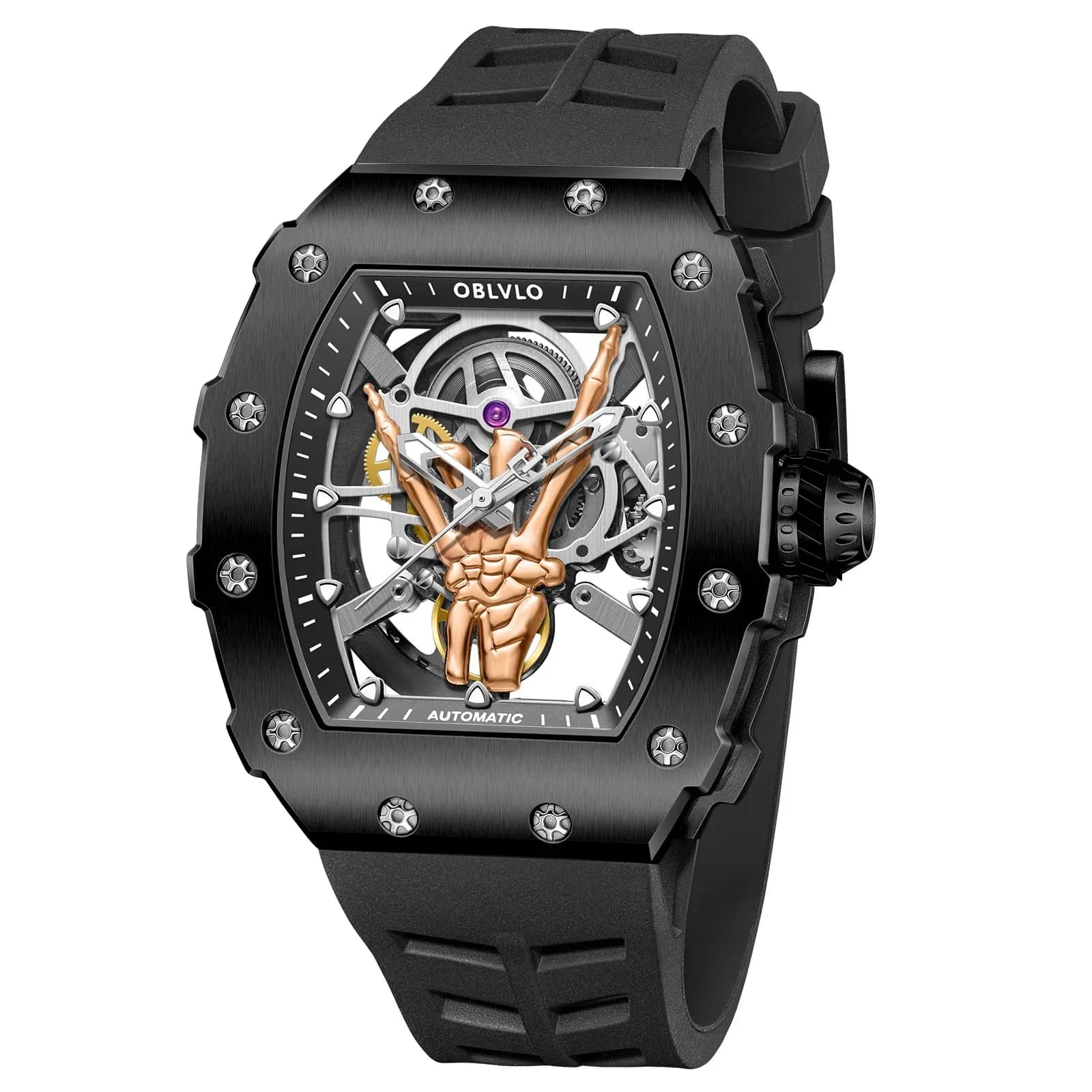 OBLVLO Men Automatic Watch Tonneau Mechanical Wristwatch Skeleton Finger Dial Sapphire 50M Waterproof Luminous